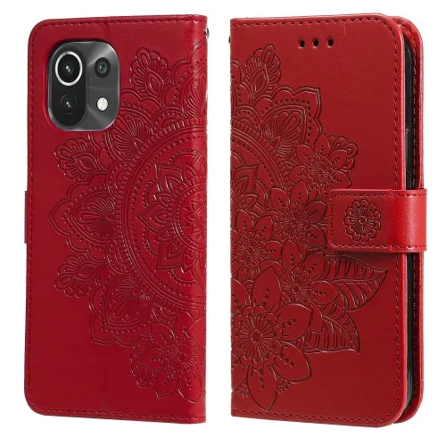 For Xiaomi Mi 11 7-petal Flowers Embossing Pattern Horizontal Flip PU Leather Case with Holder