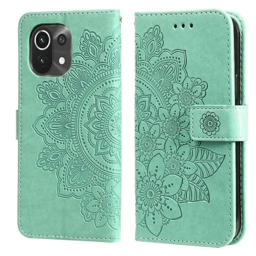 For Xiaomi Mi 11 7-petal Flowers Embossing Pattern Horizontal Flip PU Leather Case with Holder