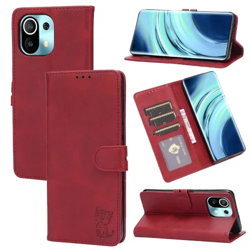 For Xiaomi Mi 11 Embossed Happy Cat Pattern Horizontal Flip Leather Case with Holder  Card