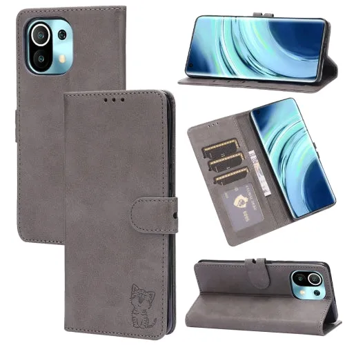 For Xiaomi Mi 11 Embossed Happy Cat Pattern Horizontal Flip Leather Case with Holder  Card