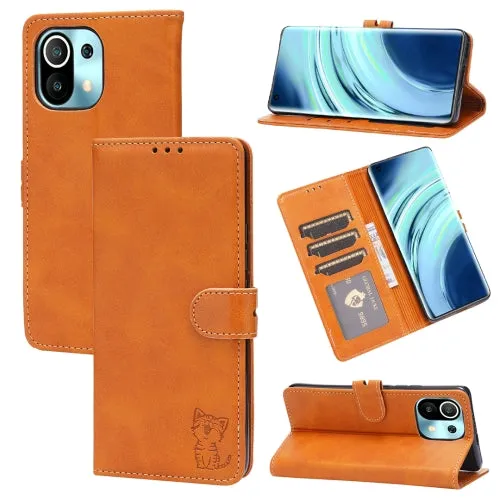 For Xiaomi Mi 11 Embossed Happy Cat Pattern Horizontal Flip Leather Case with Holder  Card