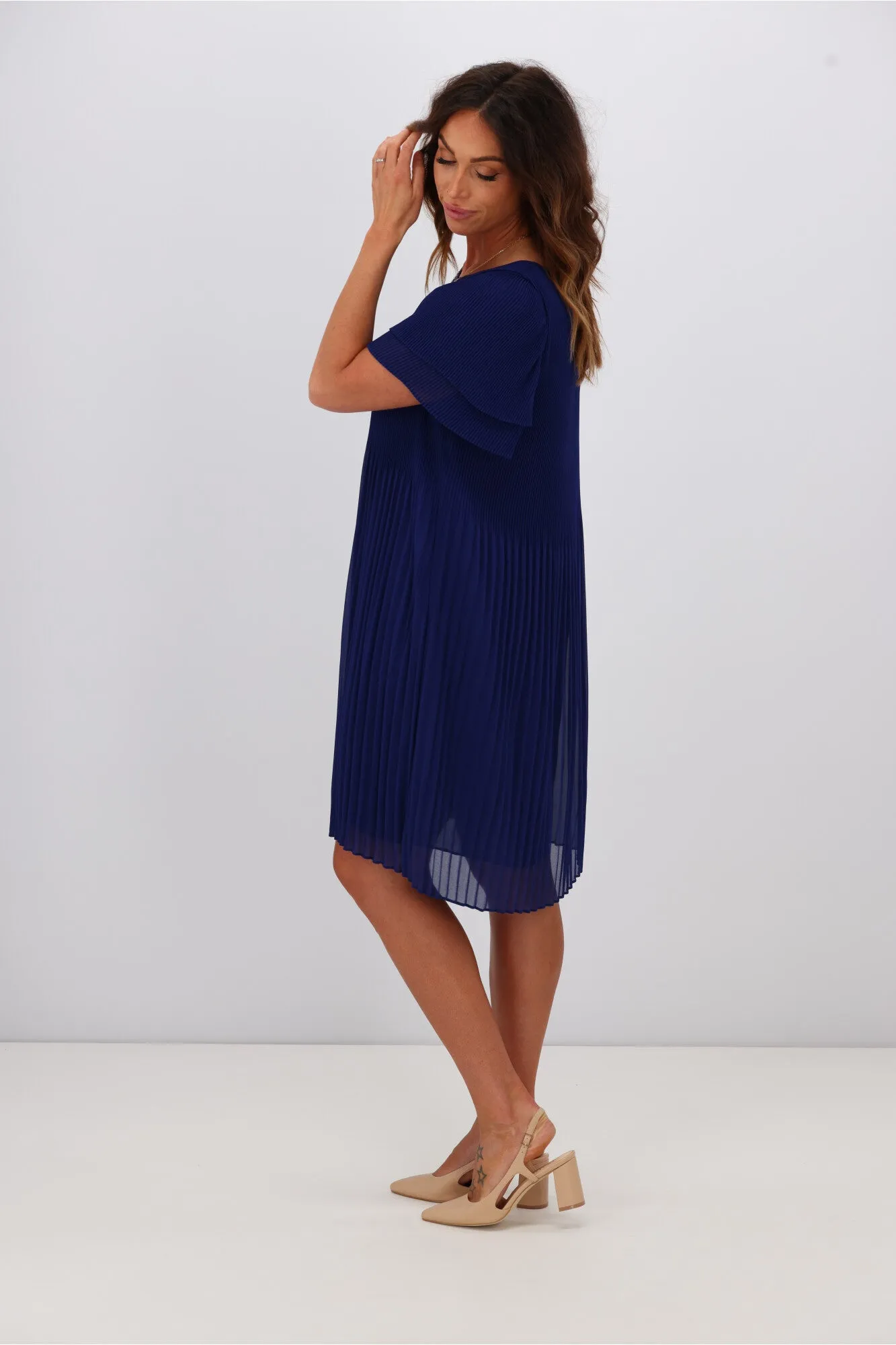 Gloss by Shine On Alberta Pleated Shift Dress Blue