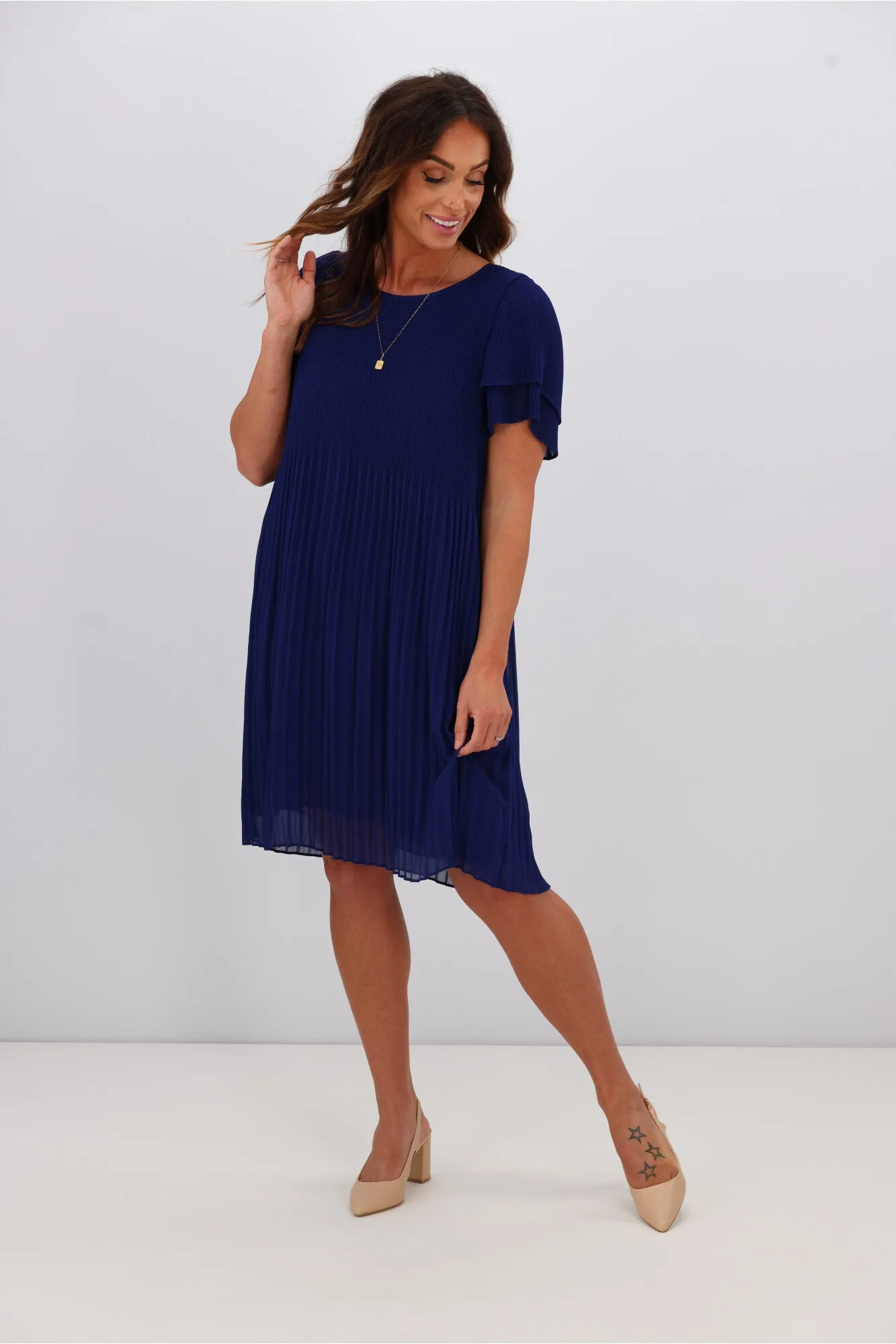 Gloss by Shine On Alberta Pleated Shift Dress Blue