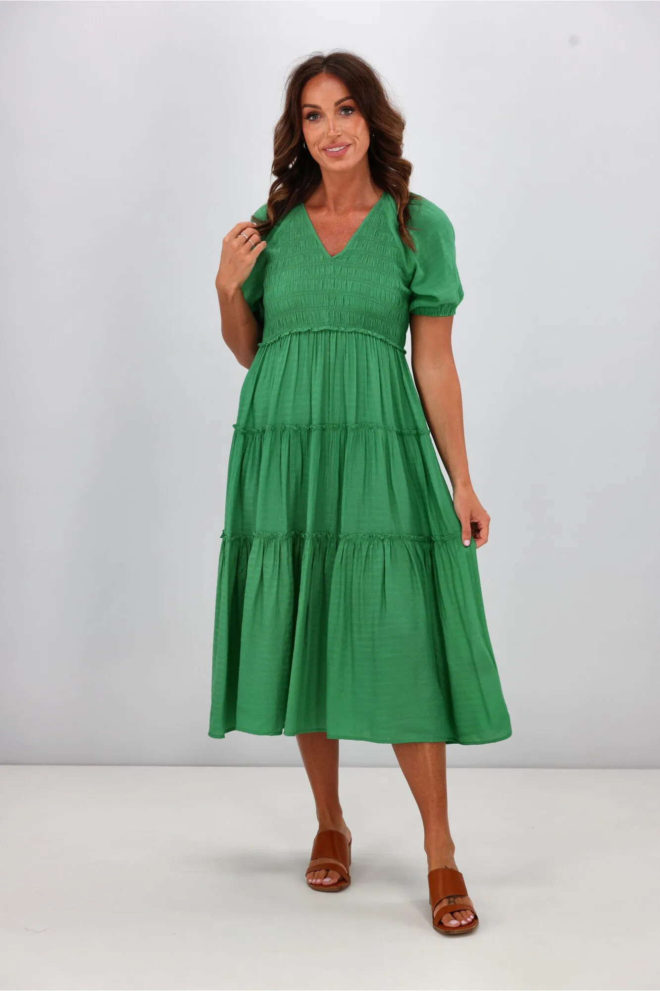 Gloss by Shine On Eadie Angle Shirred Bodice Dress Jade