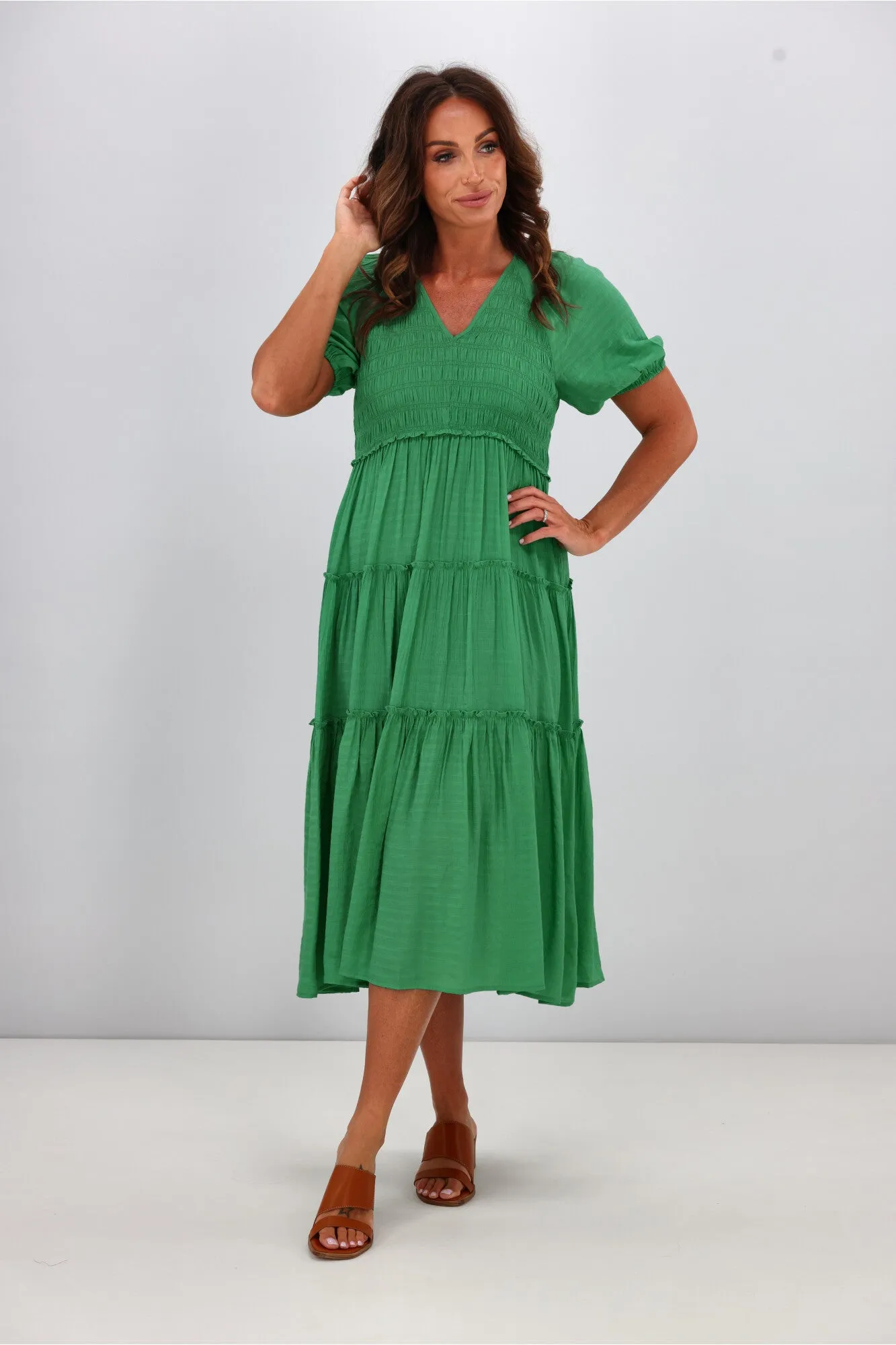 Gloss by Shine On Eadie Angle Shirred Bodice Dress Jade