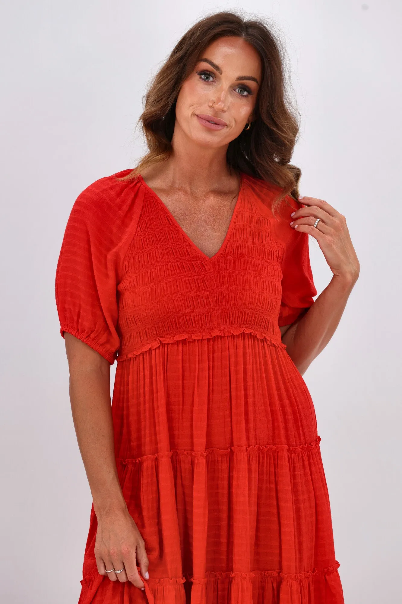 Gloss by Shine On Eadie Angle Shirred Bodice Dress Tomatoe