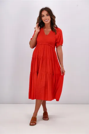 Gloss by Shine On Eadie Angle Shirred Bodice Dress Tomatoe
