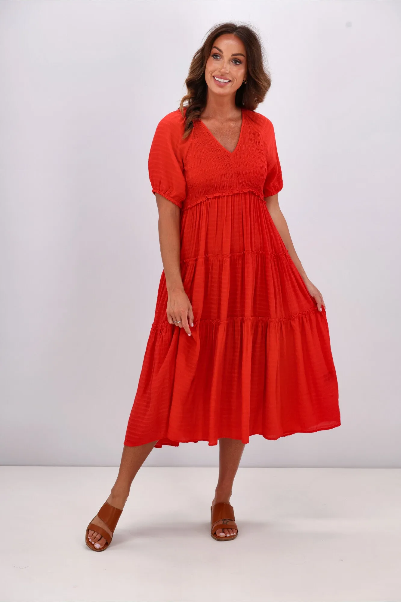Gloss by Shine On Eadie Angle Shirred Bodice Dress Tomatoe