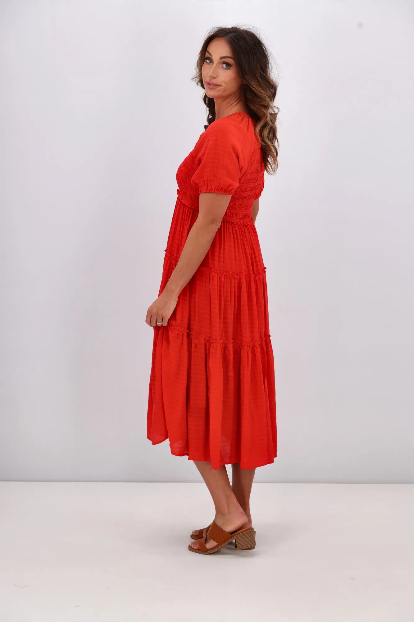 Gloss by Shine On Eadie Angle Shirred Bodice Dress Tomatoe