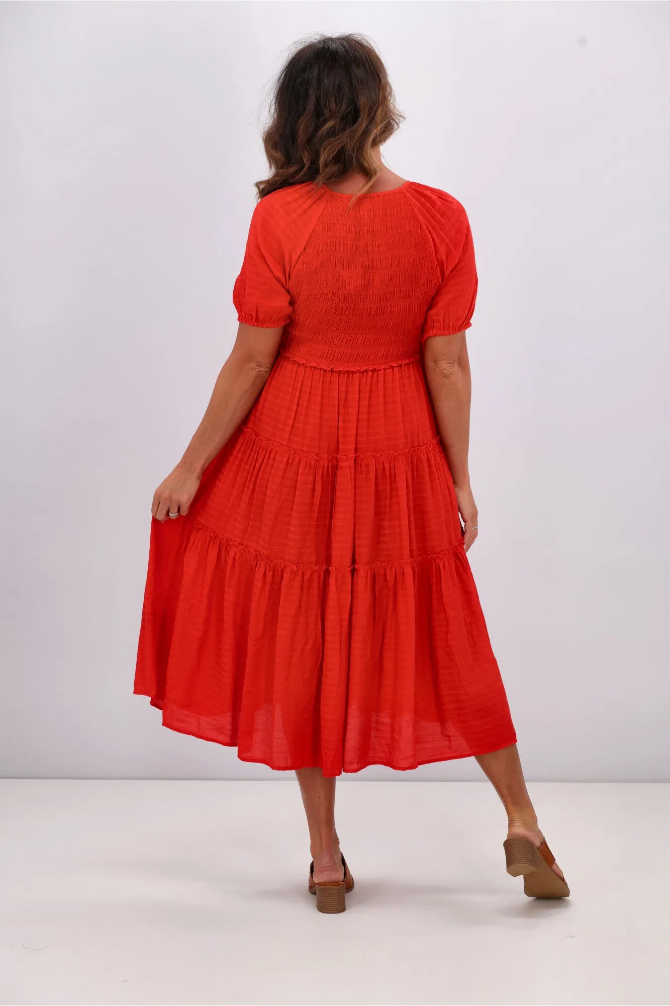 Gloss by Shine On Eadie Angle Shirred Bodice Dress Tomatoe