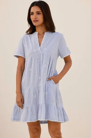 India Embroidered Organic Cotton Dress | Stripe Blue/White