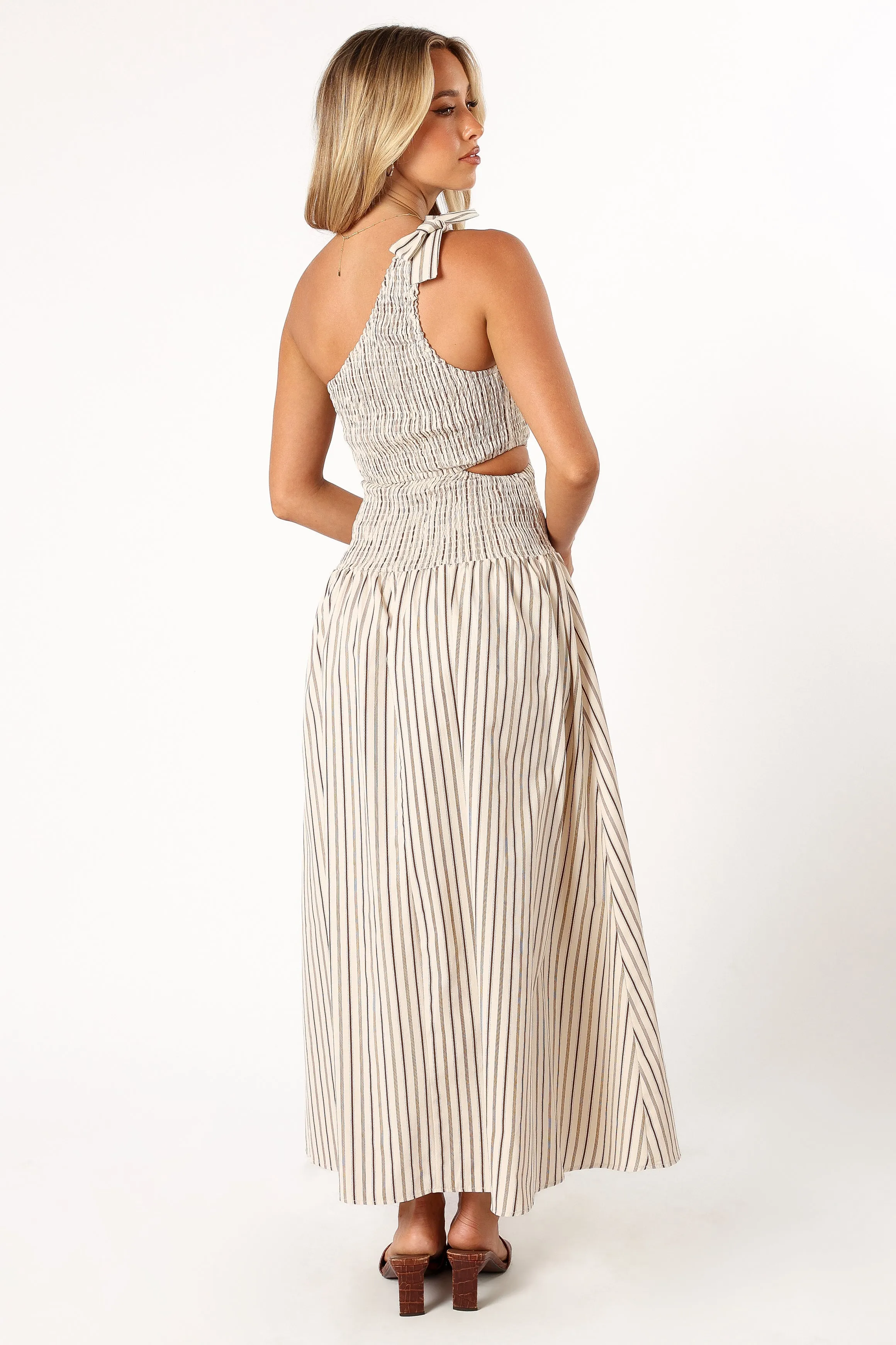 Jordana One Shoulder Midi Dress - Brown Stripe