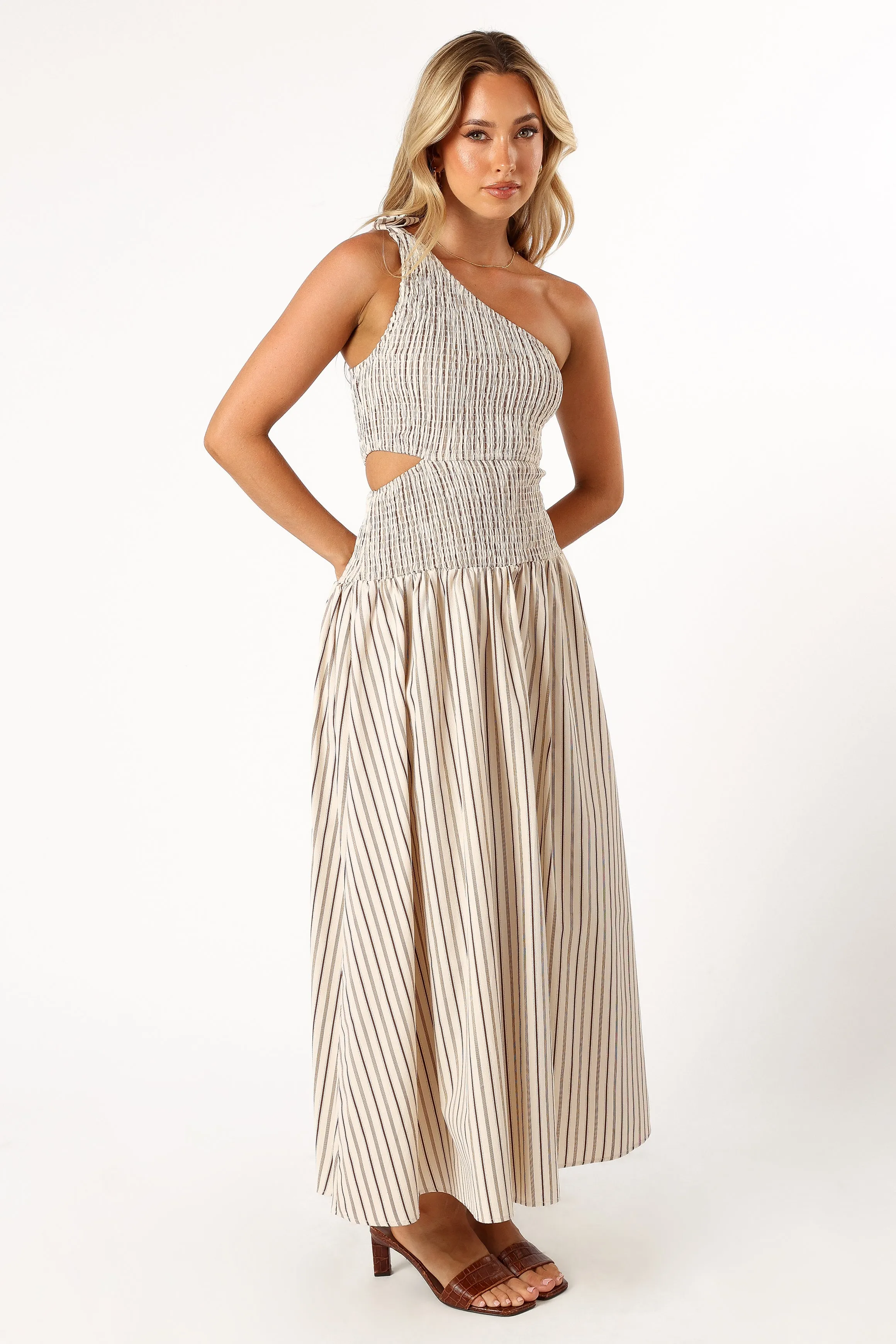 Jordana One Shoulder Midi Dress - Brown Stripe