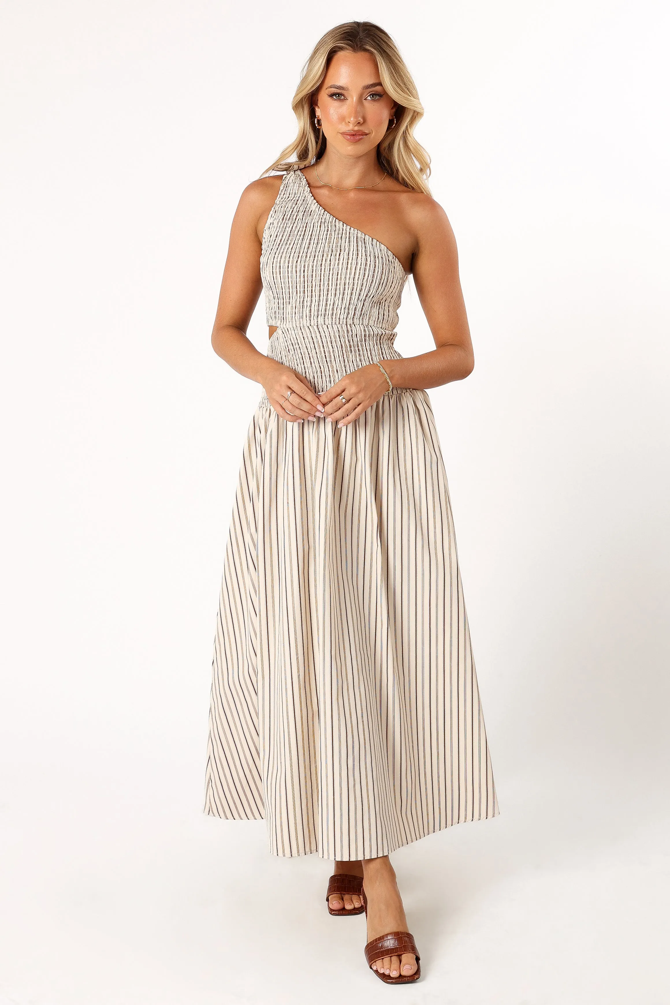 Jordana One Shoulder Midi Dress - Brown Stripe