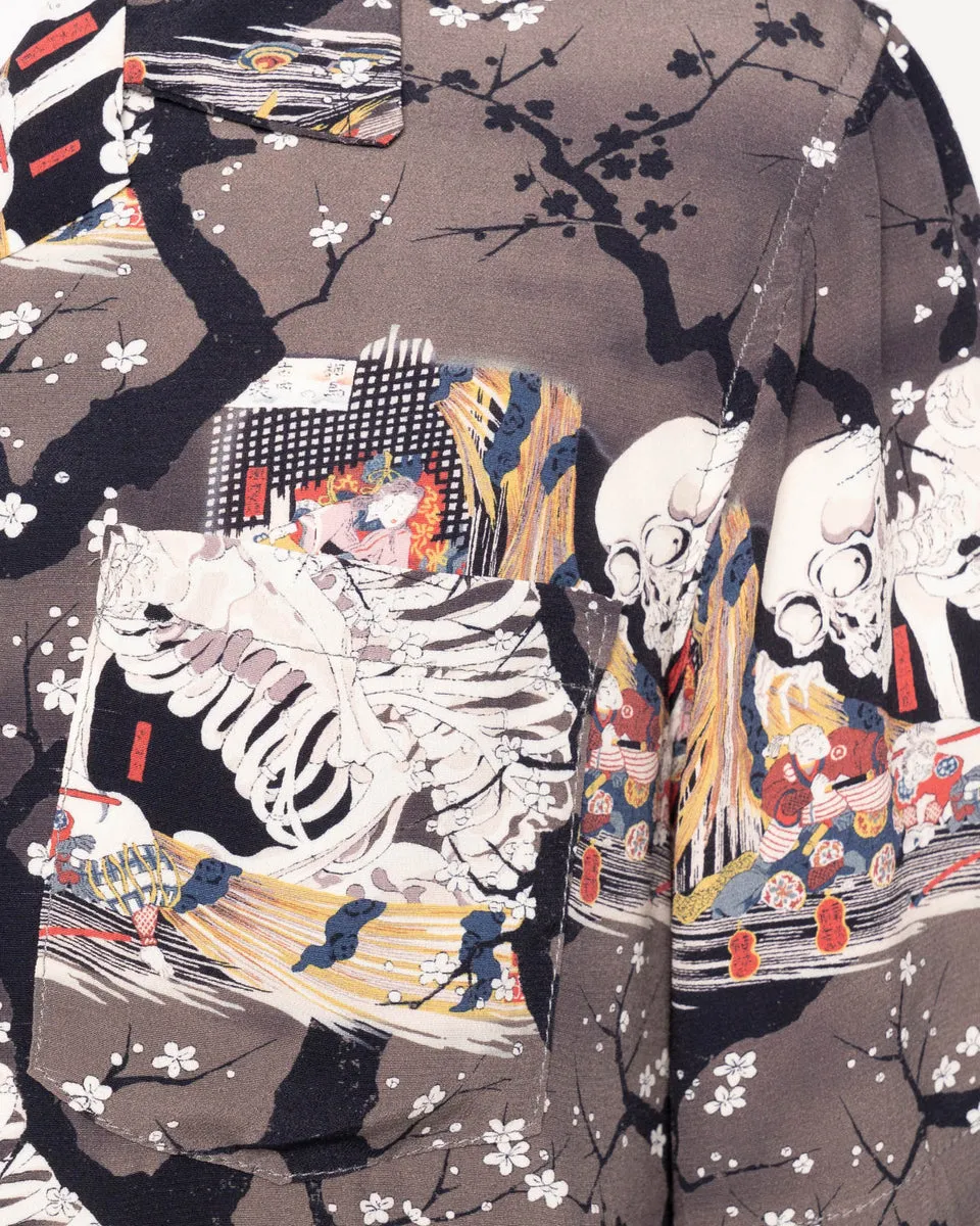 Naked & Famous Denim Aloha Shirt - Skeletons / Dark Grey