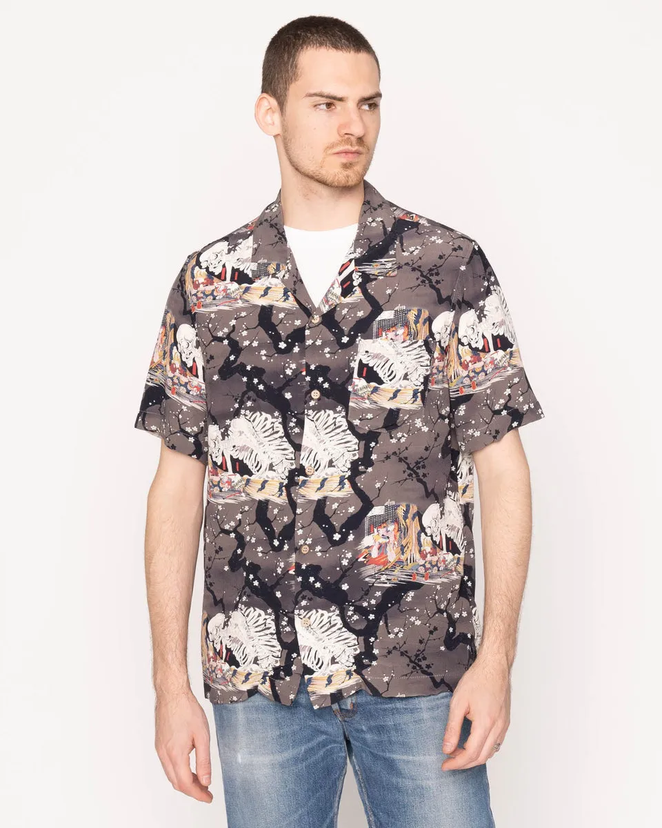 Naked & Famous Denim Aloha Shirt - Skeletons / Dark Grey