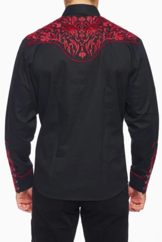 Rodeo Clothing Men's Western Embroidery Shirt PS500-563 Red Embroidery