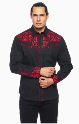 Rodeo Clothing Men's Western Embroidery Shirt PS500-563 Red Embroidery