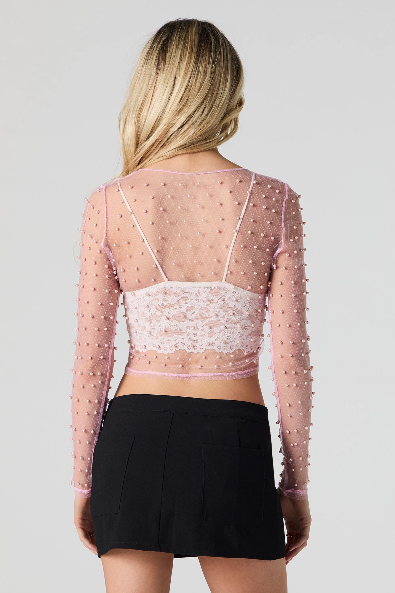 Sheer Mesh Faux Pearl Long Sleeve Top