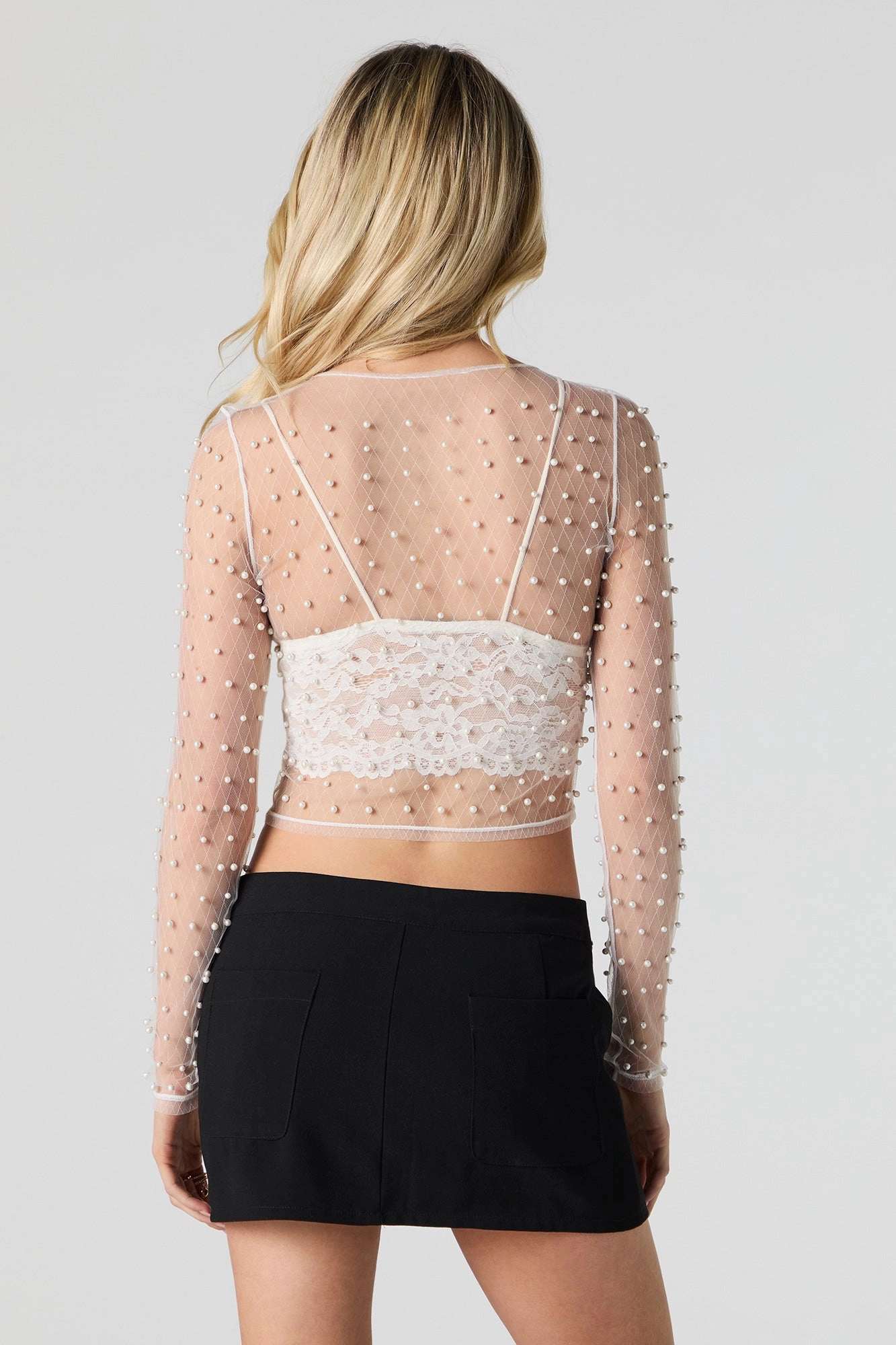 Sheer Mesh Faux Pearl Long Sleeve Top