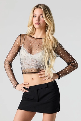 Sheer Mesh Faux Pearl Long Sleeve Top