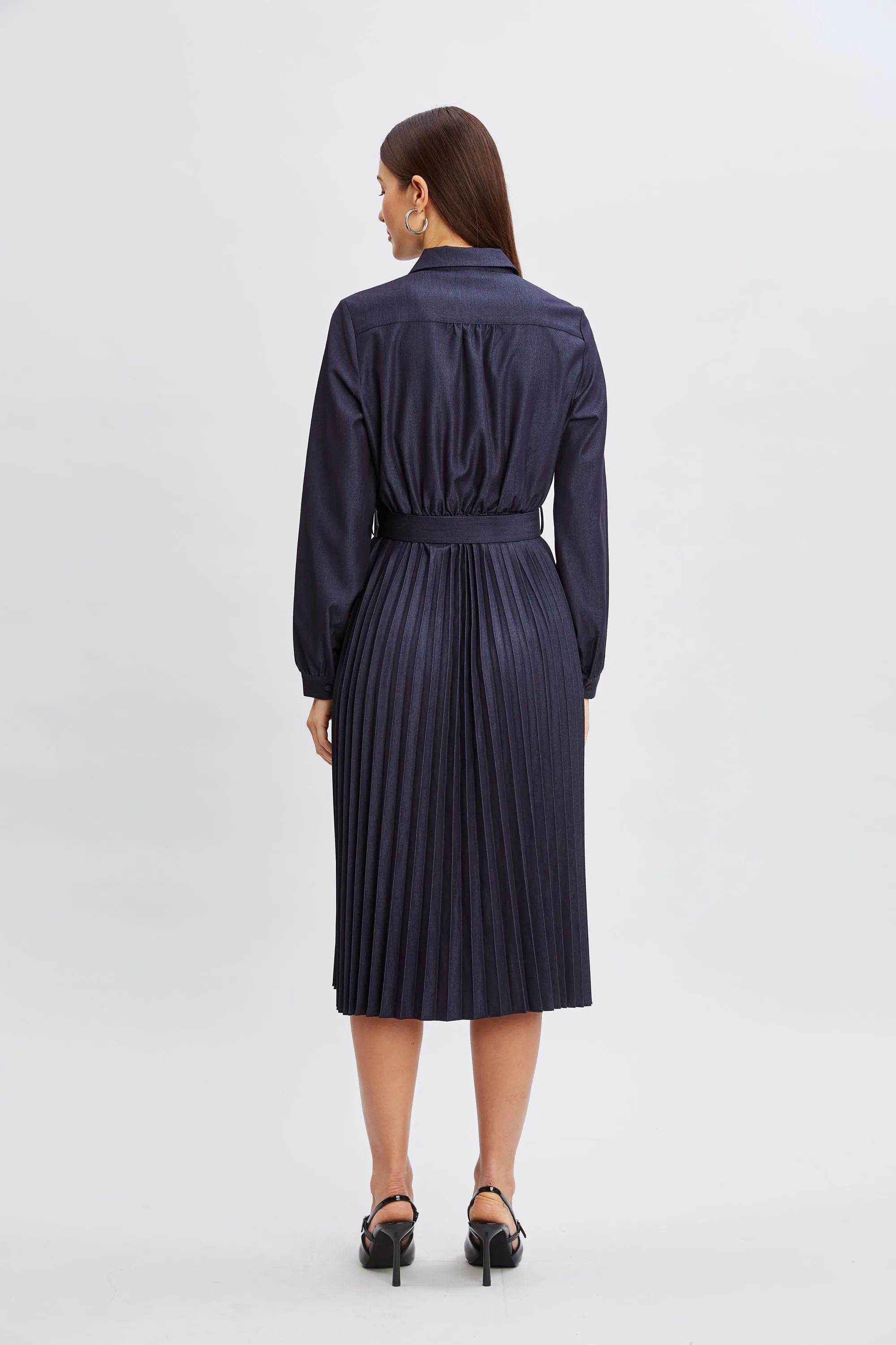 T-Tahari Pleated Denim Shirt Dress