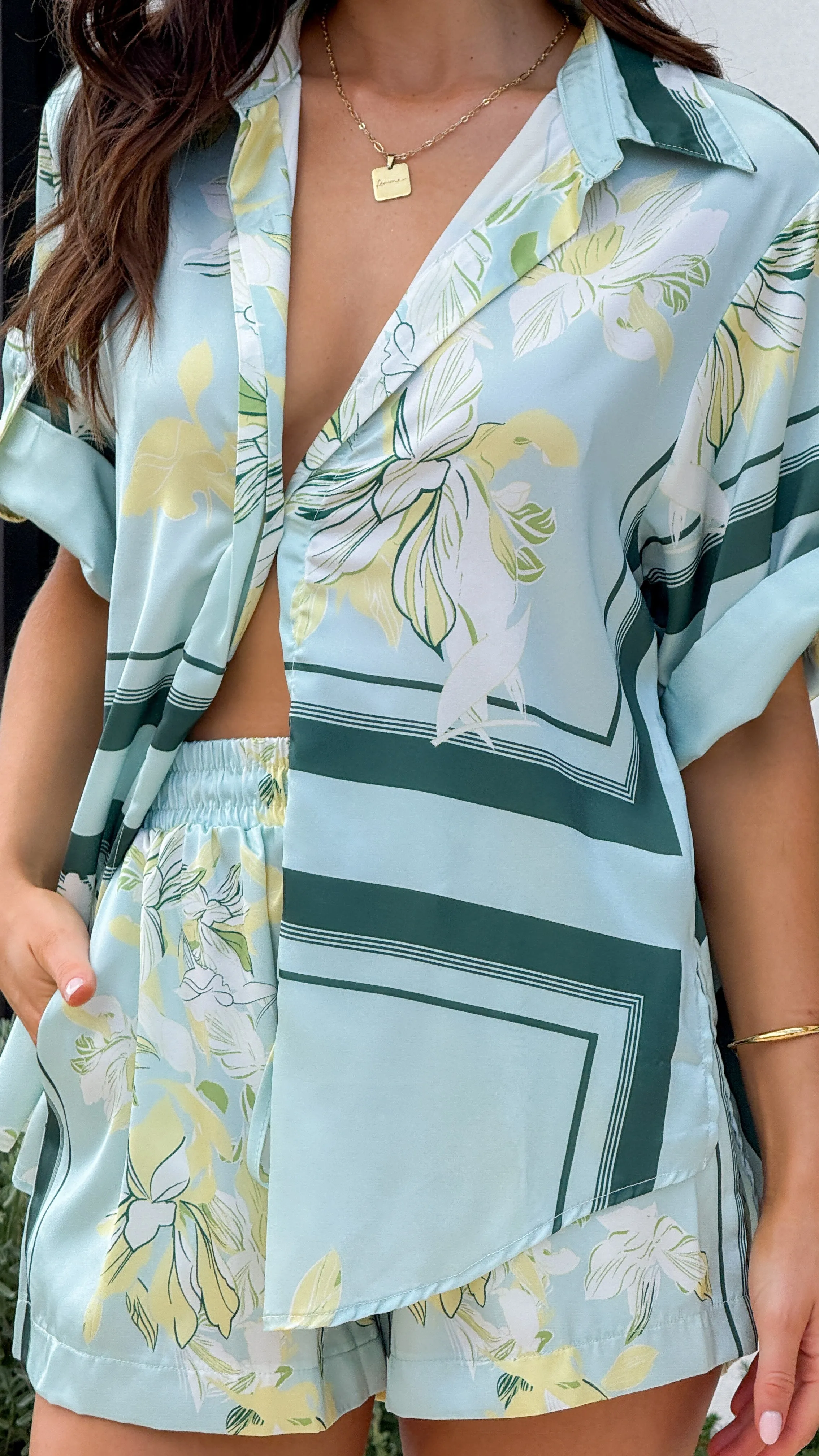 Vallerie Button Up Shirt - Aqua/Yellow Print