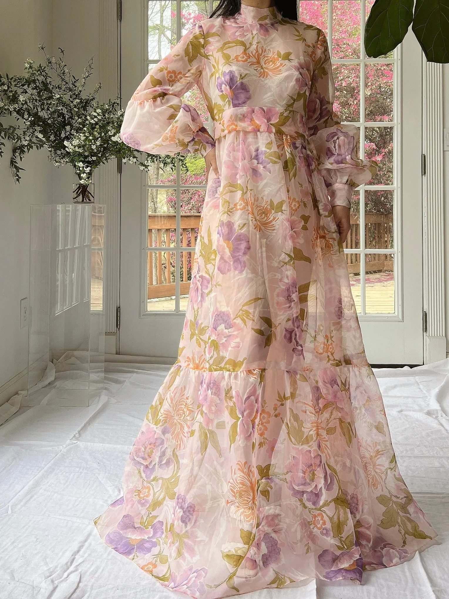 Vintage Sheer Pink Floral Voile Dress - M