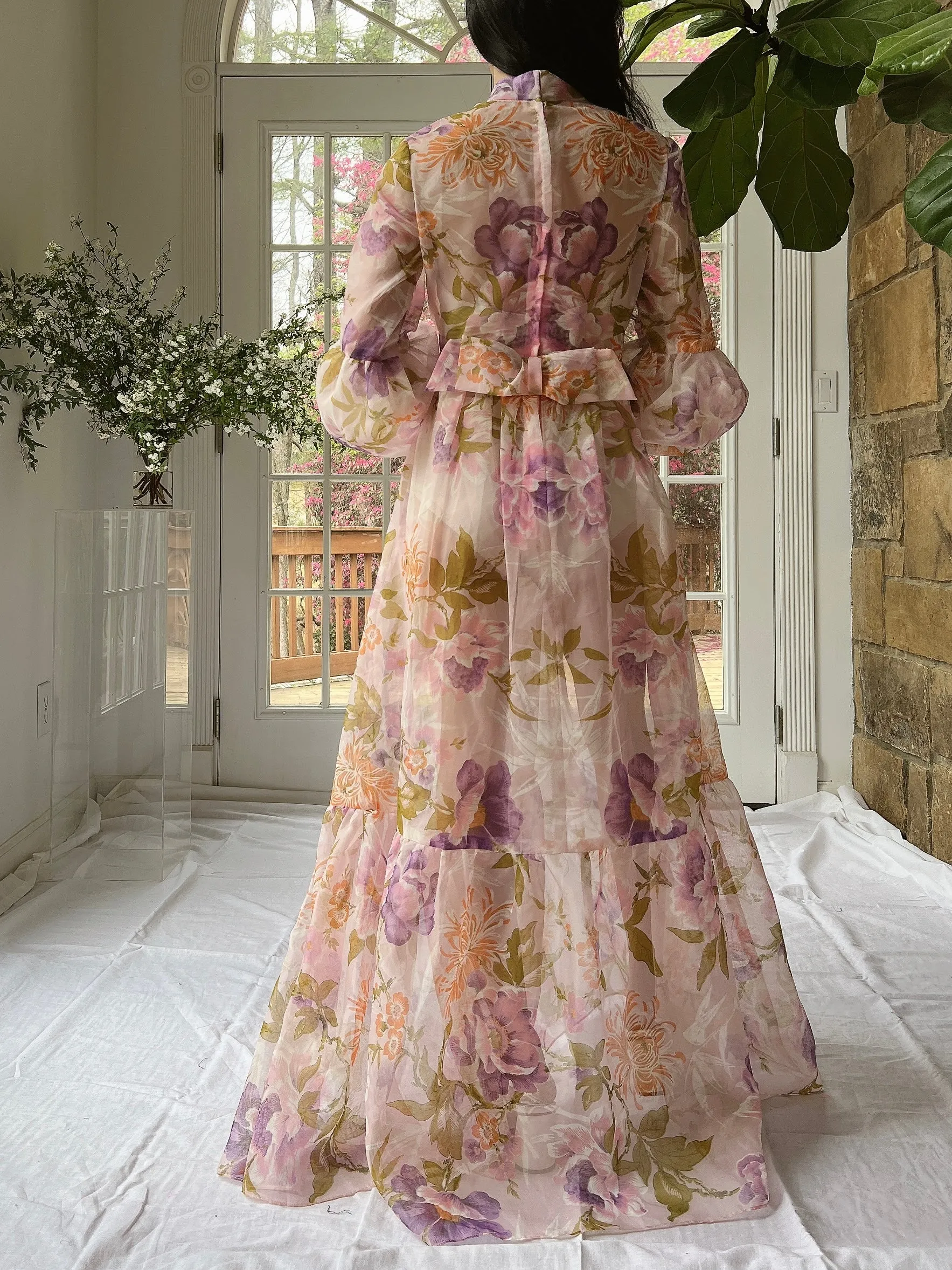 Vintage Sheer Pink Floral Voile Dress - M