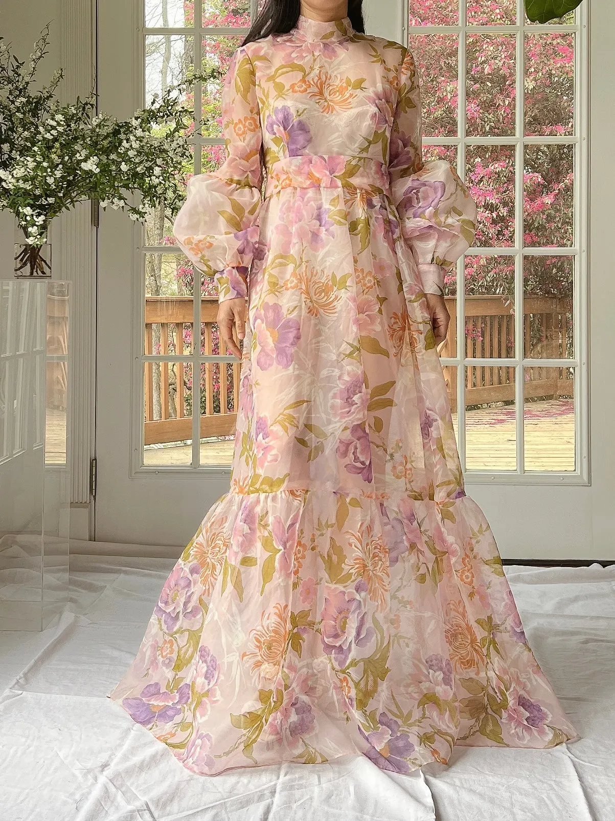 Vintage Sheer Pink Floral Voile Dress - M