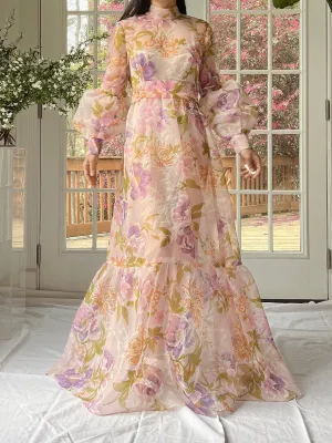 Vintage Sheer Pink Floral Voile Dress - M