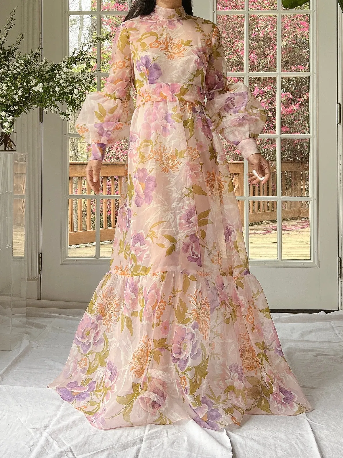 Vintage Sheer Pink Floral Voile Dress - M