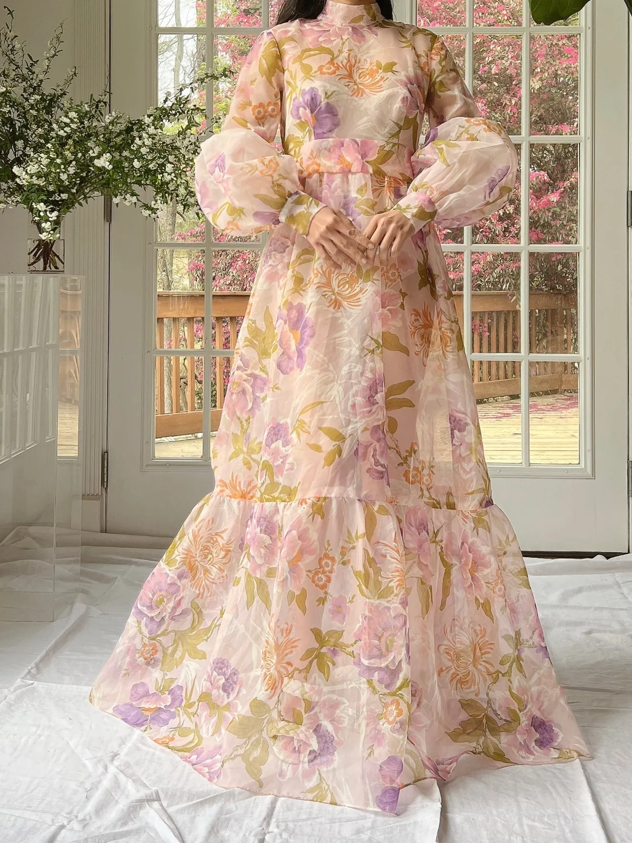 Vintage Sheer Pink Floral Voile Dress - M