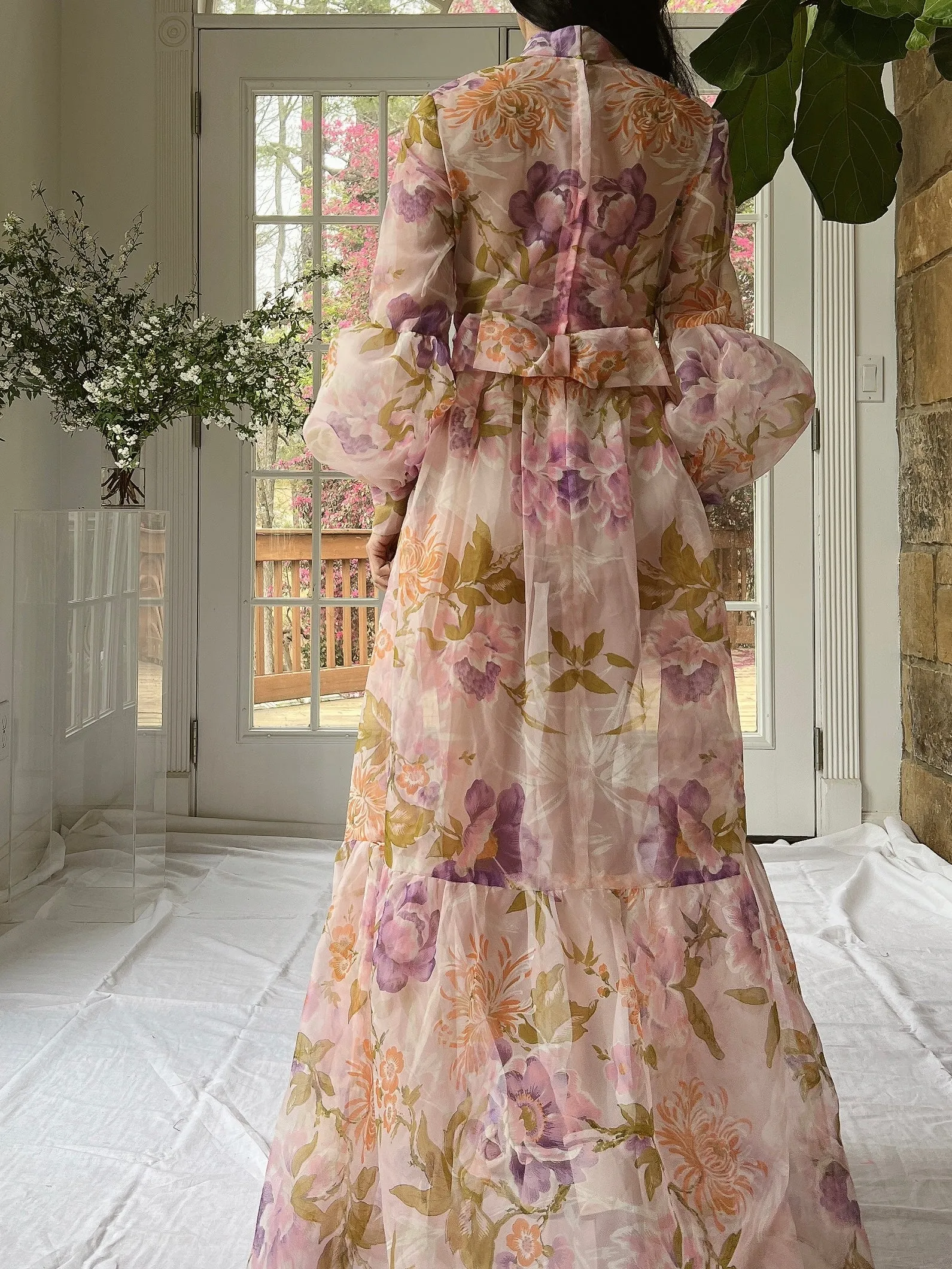 Vintage Sheer Pink Floral Voile Dress - M
