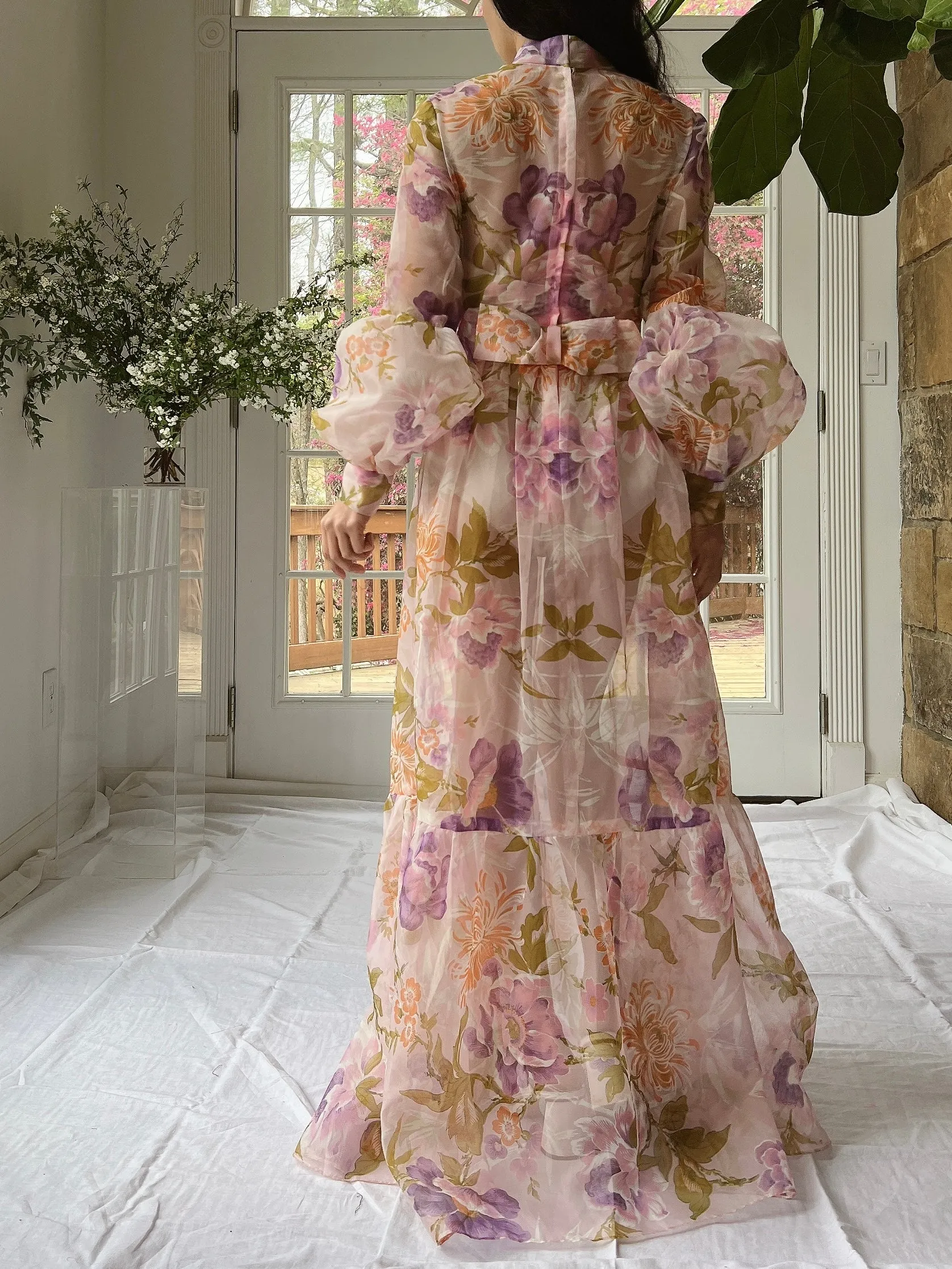 Vintage Sheer Pink Floral Voile Dress - M