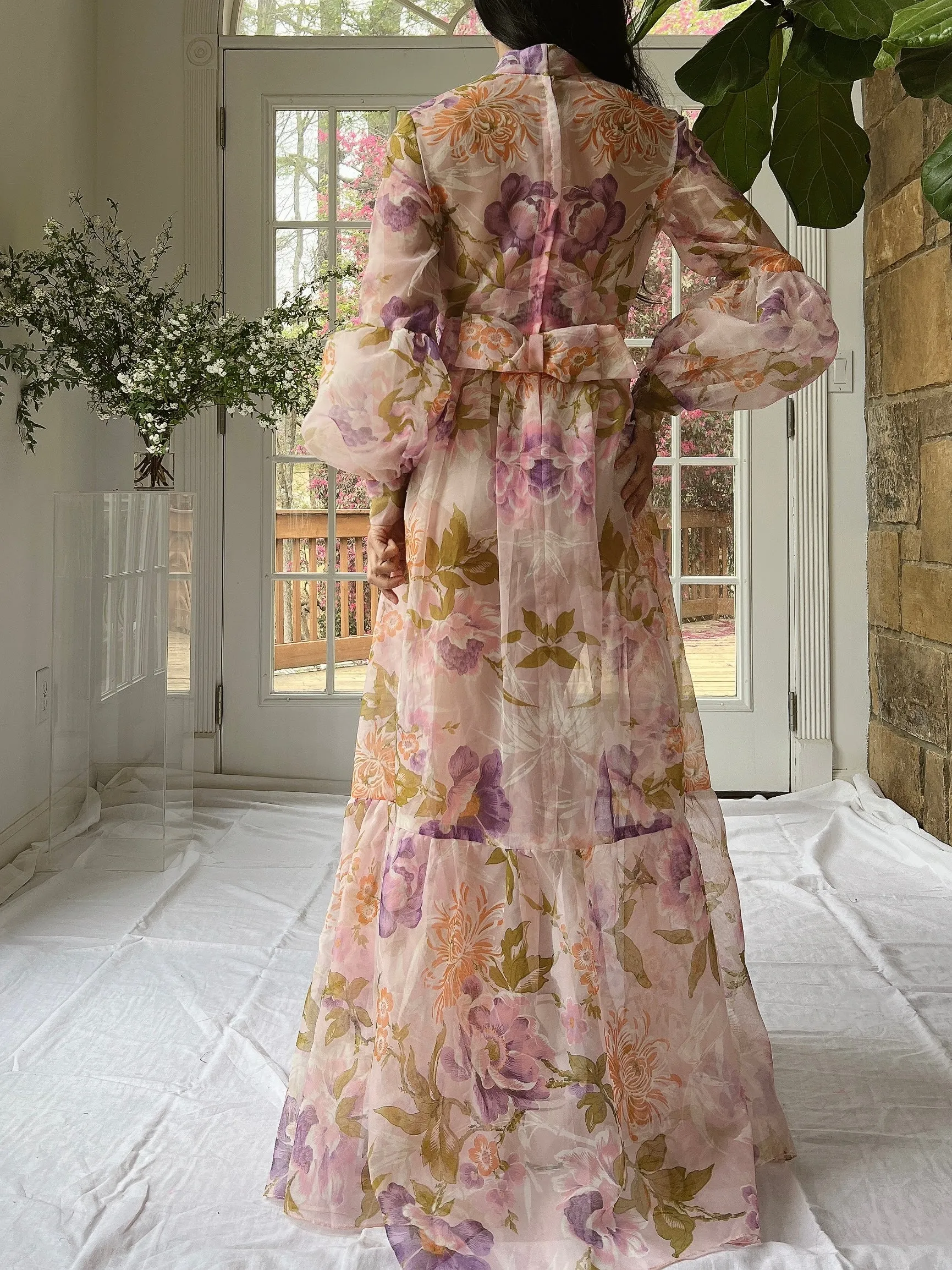 Vintage Sheer Pink Floral Voile Dress - M