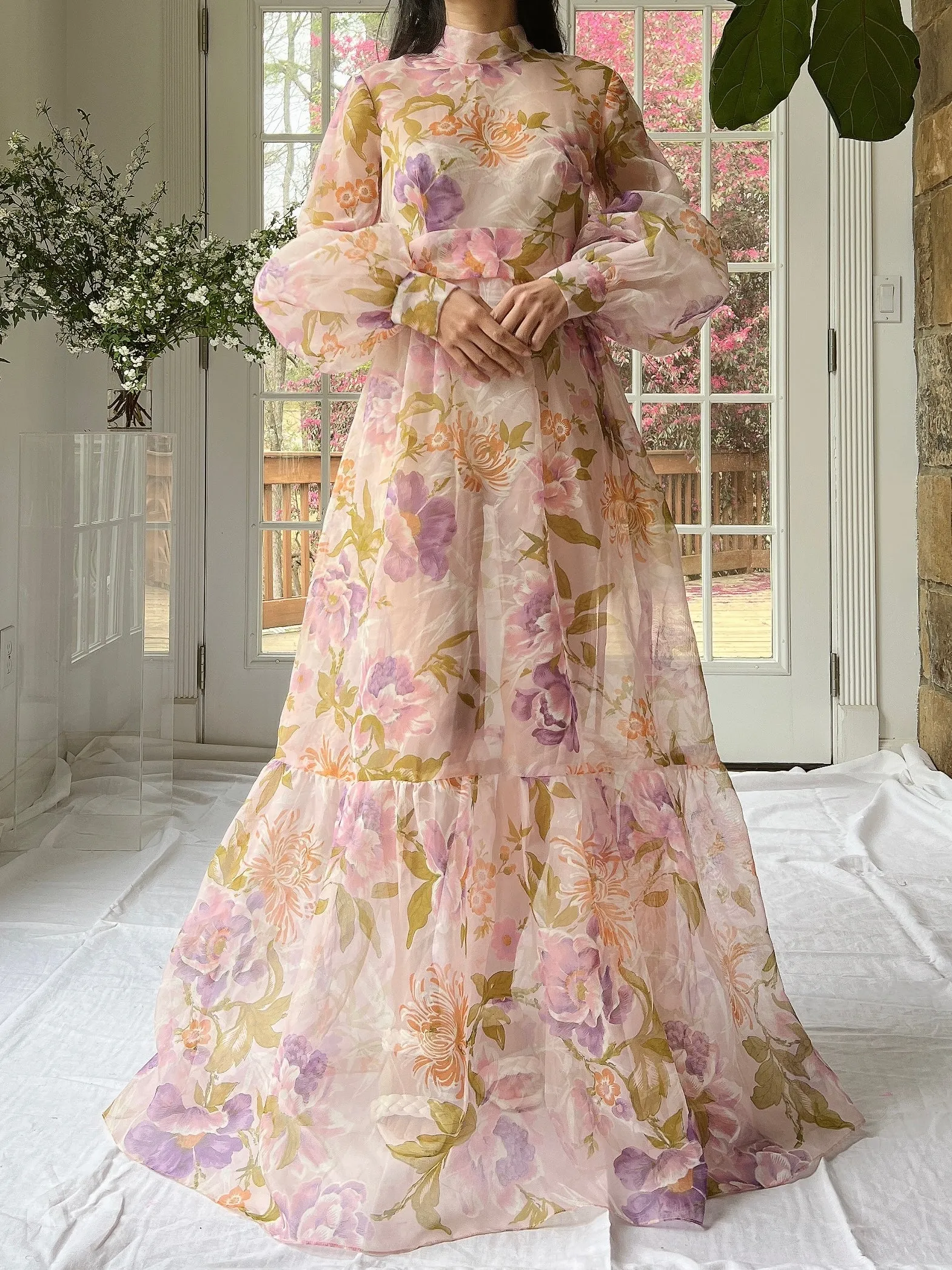 Vintage Sheer Pink Floral Voile Dress - M