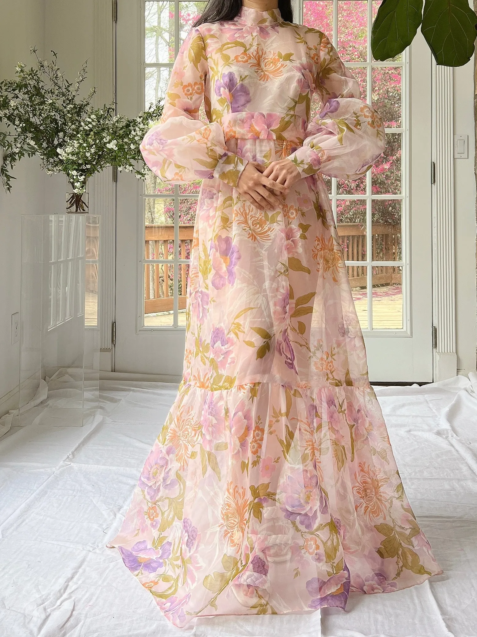 Vintage Sheer Pink Floral Voile Dress - M