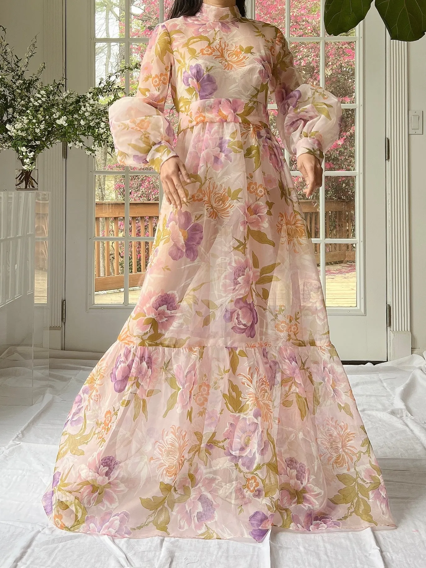 Vintage Sheer Pink Floral Voile Dress - M