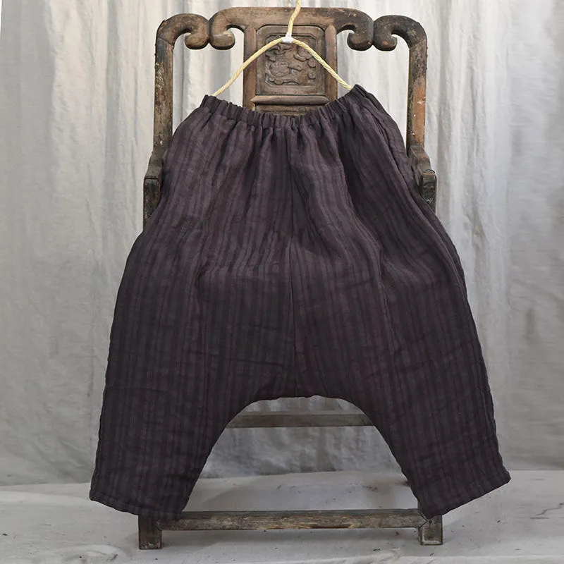Women Striped Warm Drop-Crotch Cotton Linen Pants