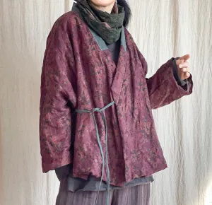 Women Vintage Floral Printed Warm Padded Linen Coats