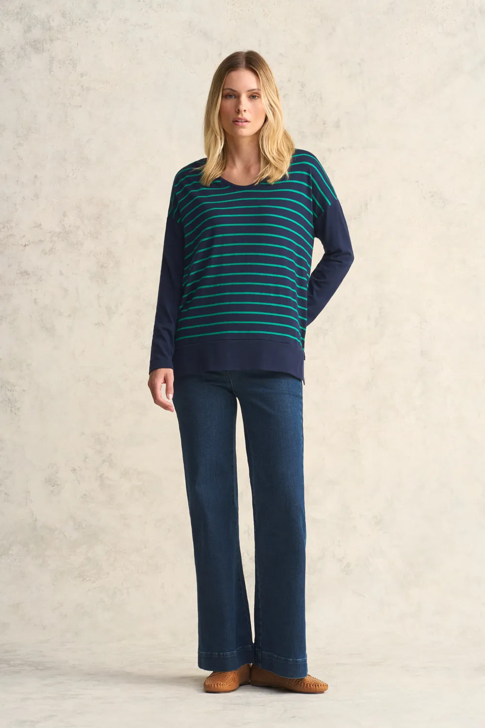 Wool Jersey Boxy Tee - Green & Ink Stripe