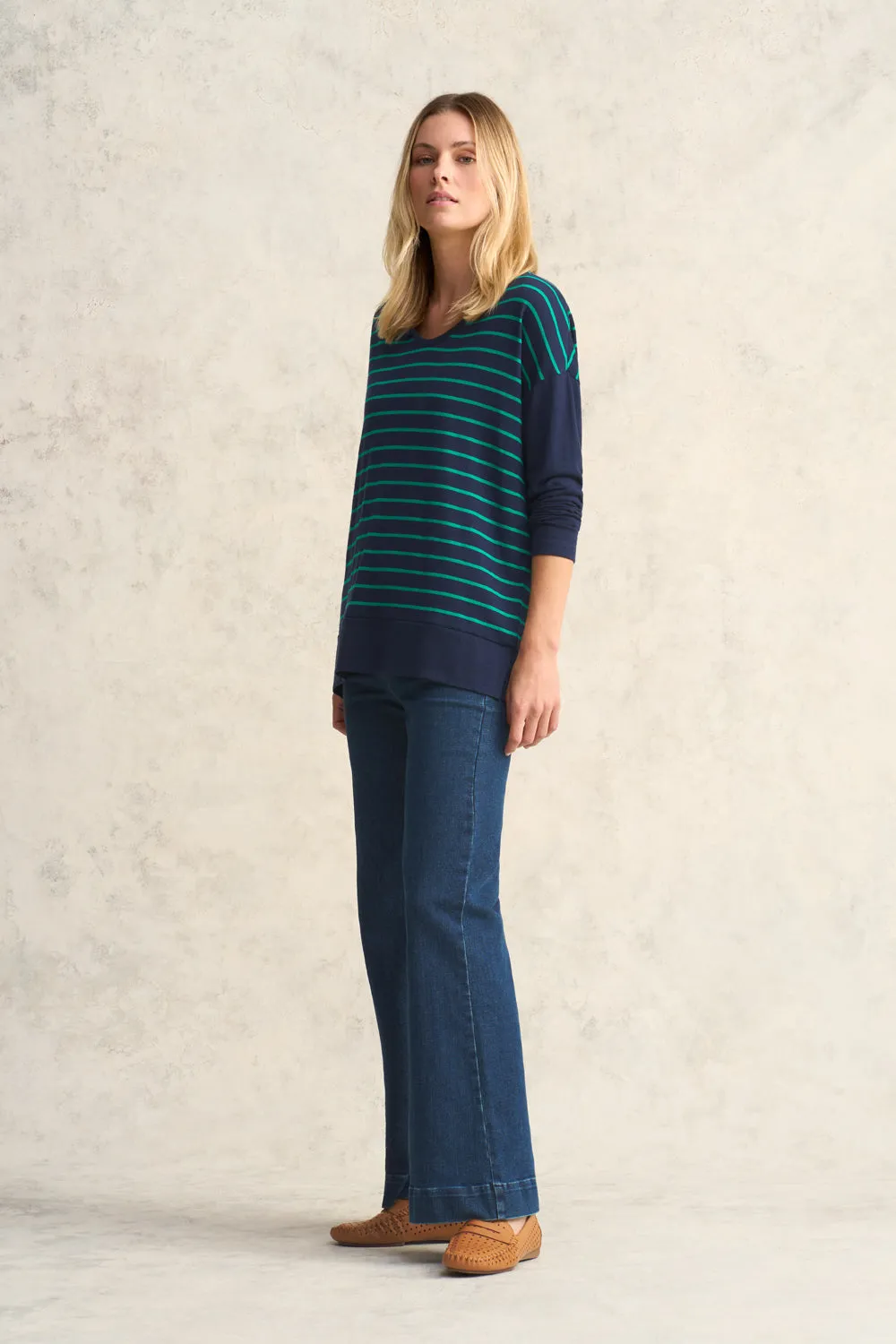 Wool Jersey Boxy Tee - Green & Ink Stripe